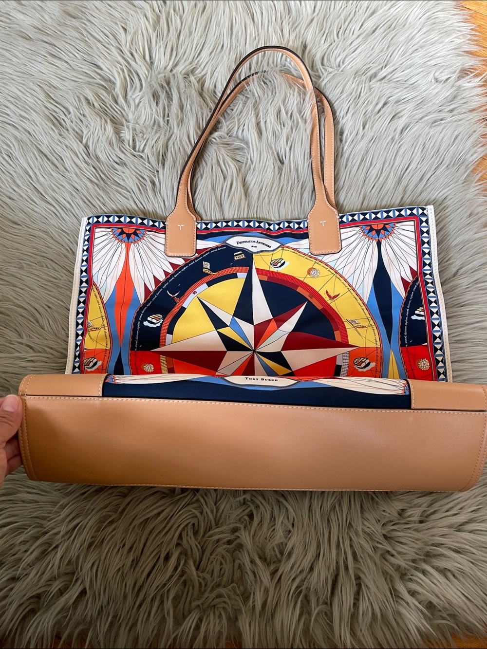 Tory Burch Multicolor Compass Graphic Tote with Tan Leather Handles - Picture 10 of 13